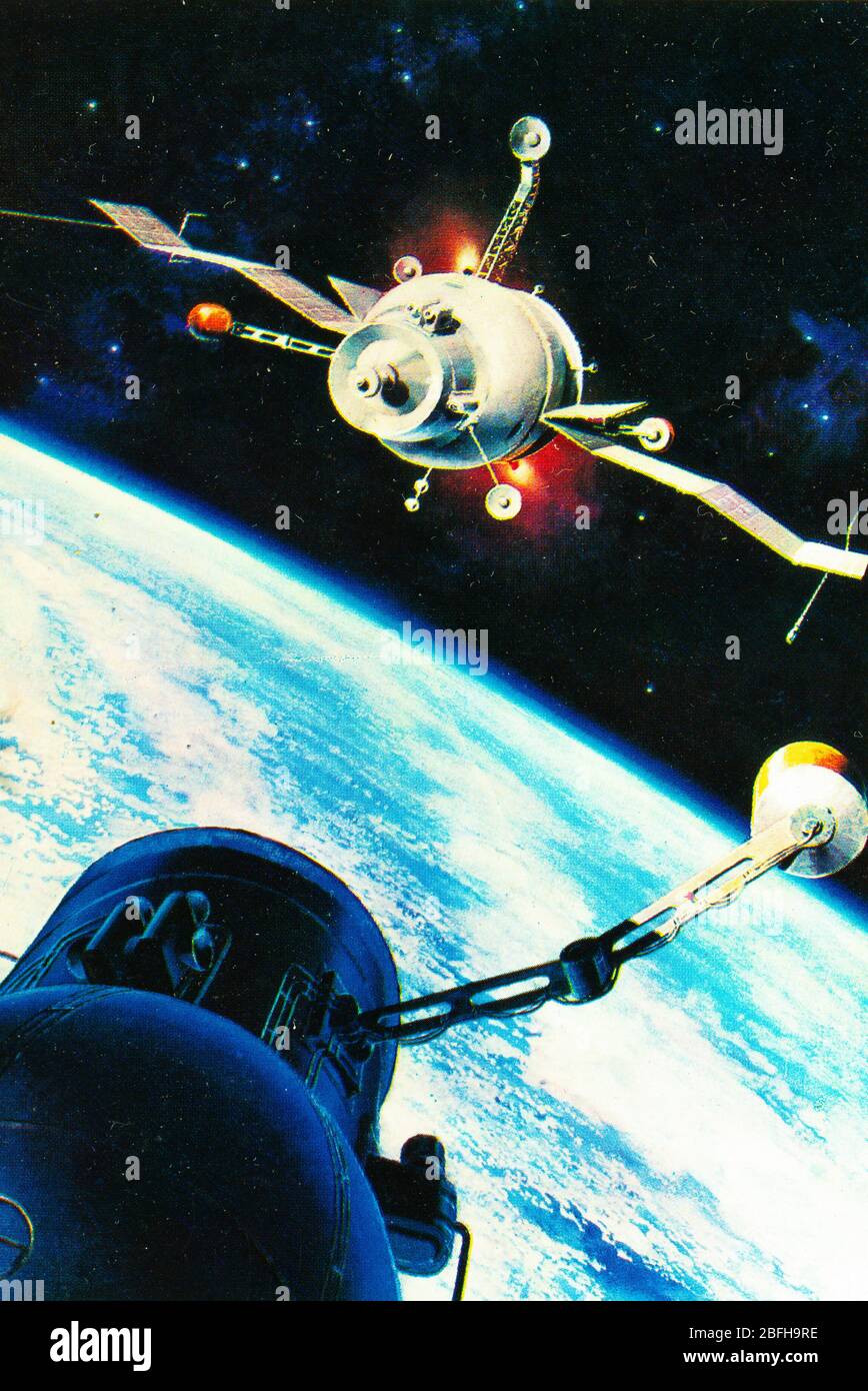 Exploration spatiale, art futuriste de A.Sokolov, de carte postale soviétique, années 1970 Banque D'Images