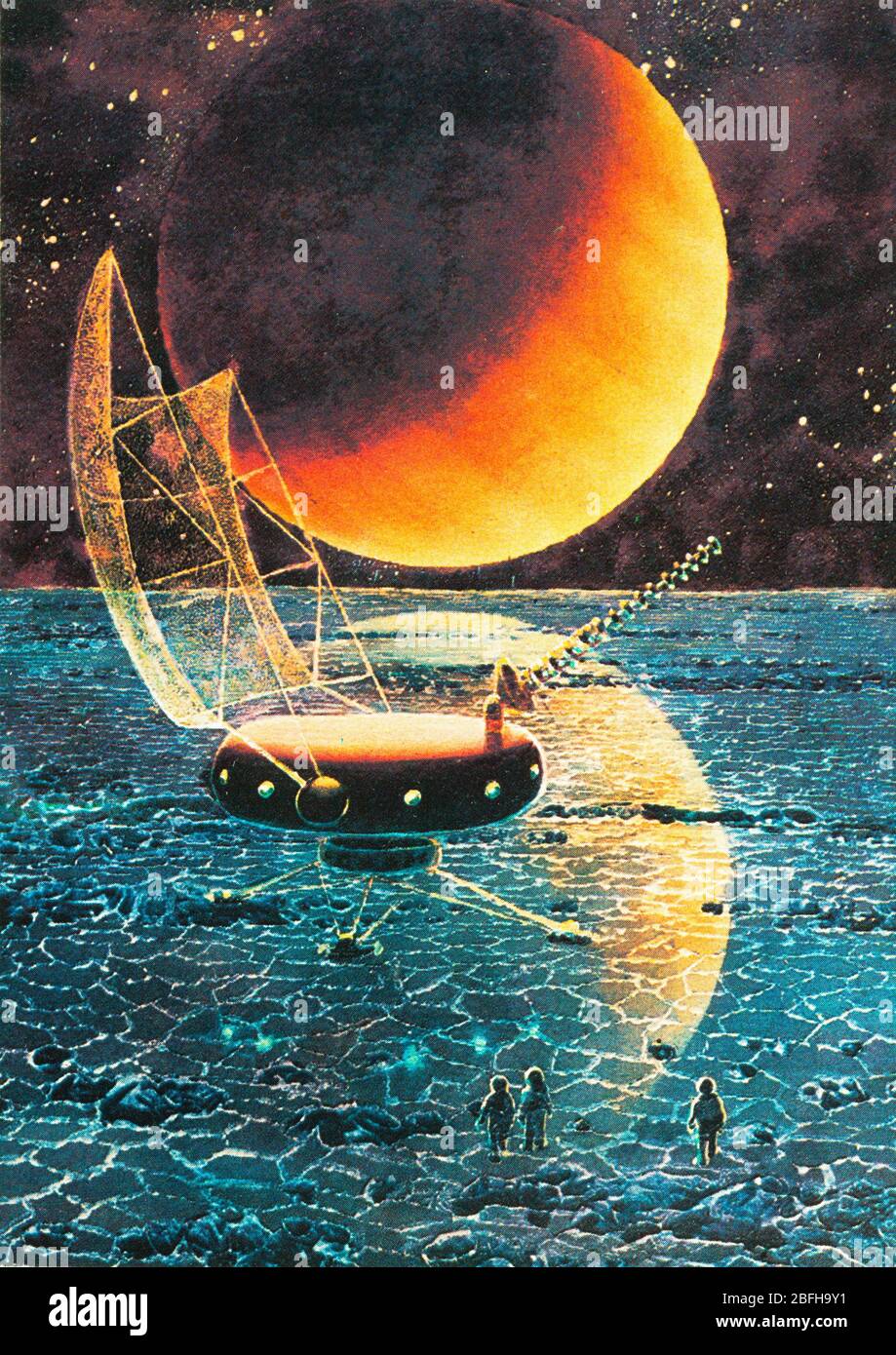 Exploration spatiale, art futuriste de A.Sokolov, de carte postale soviétique, années 1970 Banque D'Images