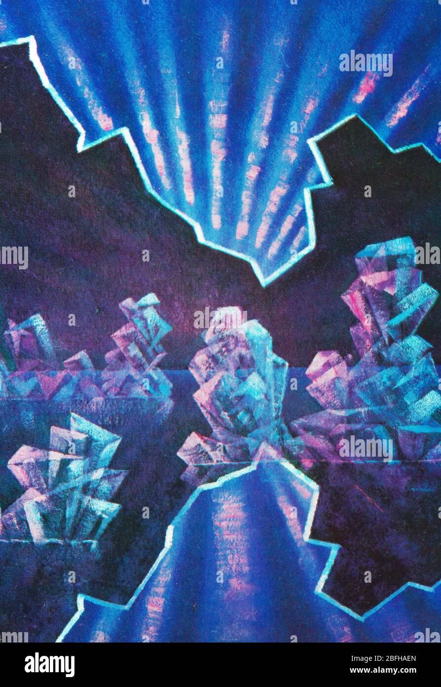 Exploration spatiale, art futuriste de A.Sokolov, de carte postale soviétique, années 1970 Banque D'Images