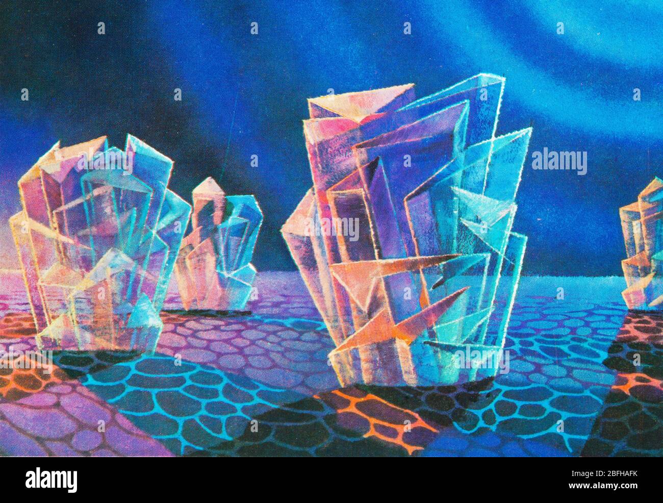 Exploration spatiale, art futuriste de A.Sokolov, de carte postale soviétique, années 1970 Banque D'Images