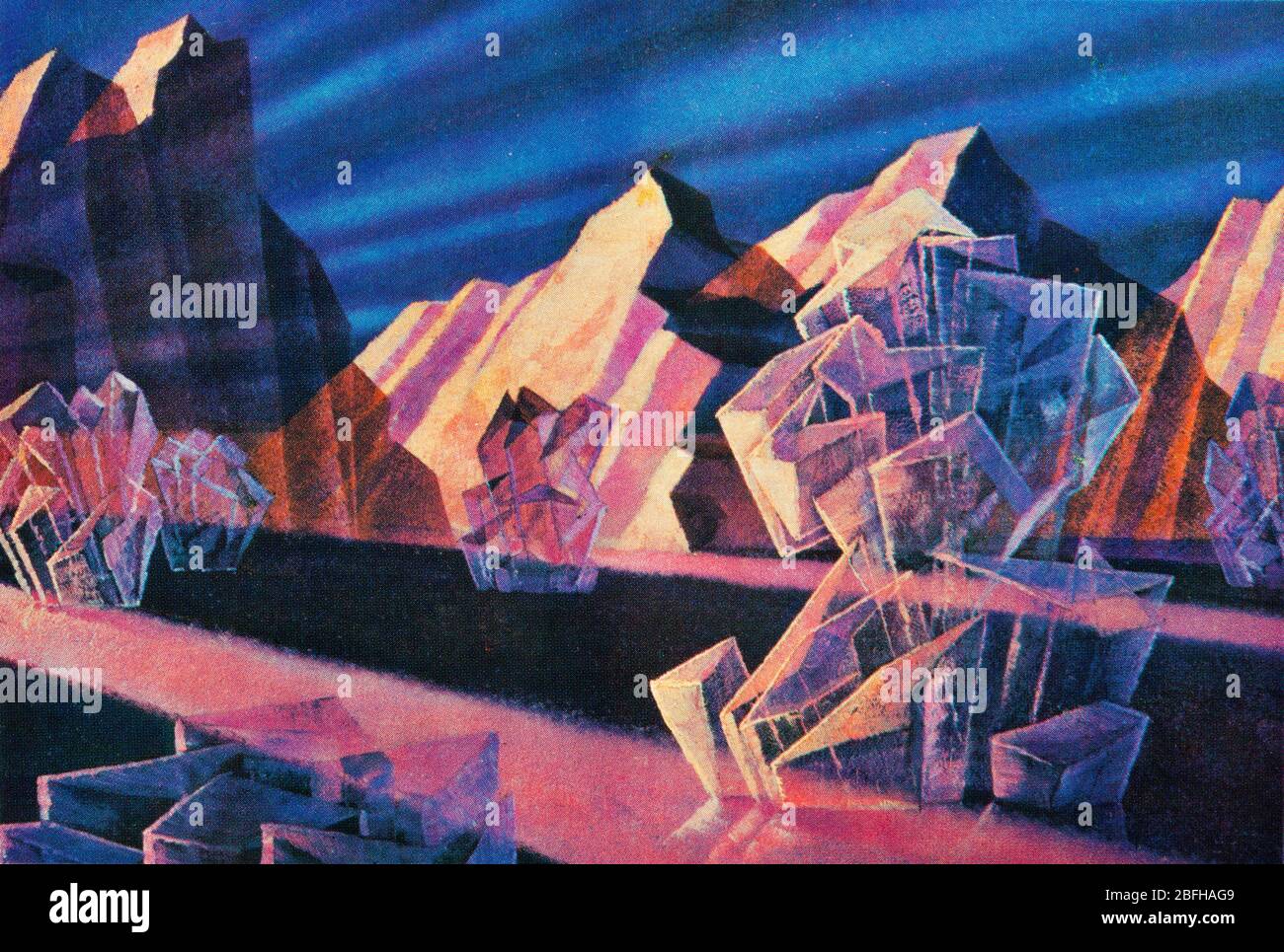 Exploration spatiale, art futuriste de A.Sokolov, de carte postale soviétique, années 1970 Banque D'Images