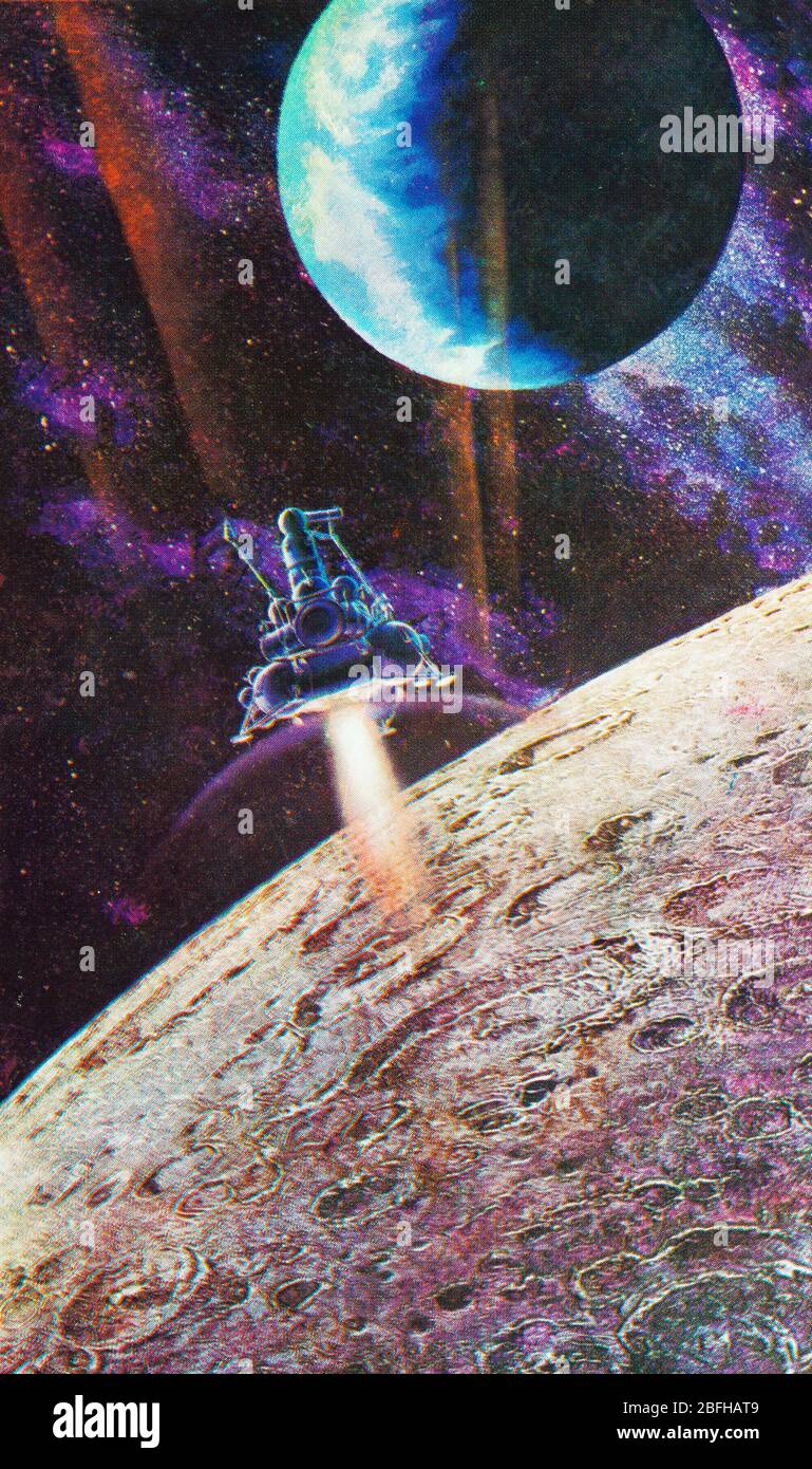 Exploration spatiale, art futuriste de A.Sokolov, de carte postale soviétique, années 1970 Banque D'Images