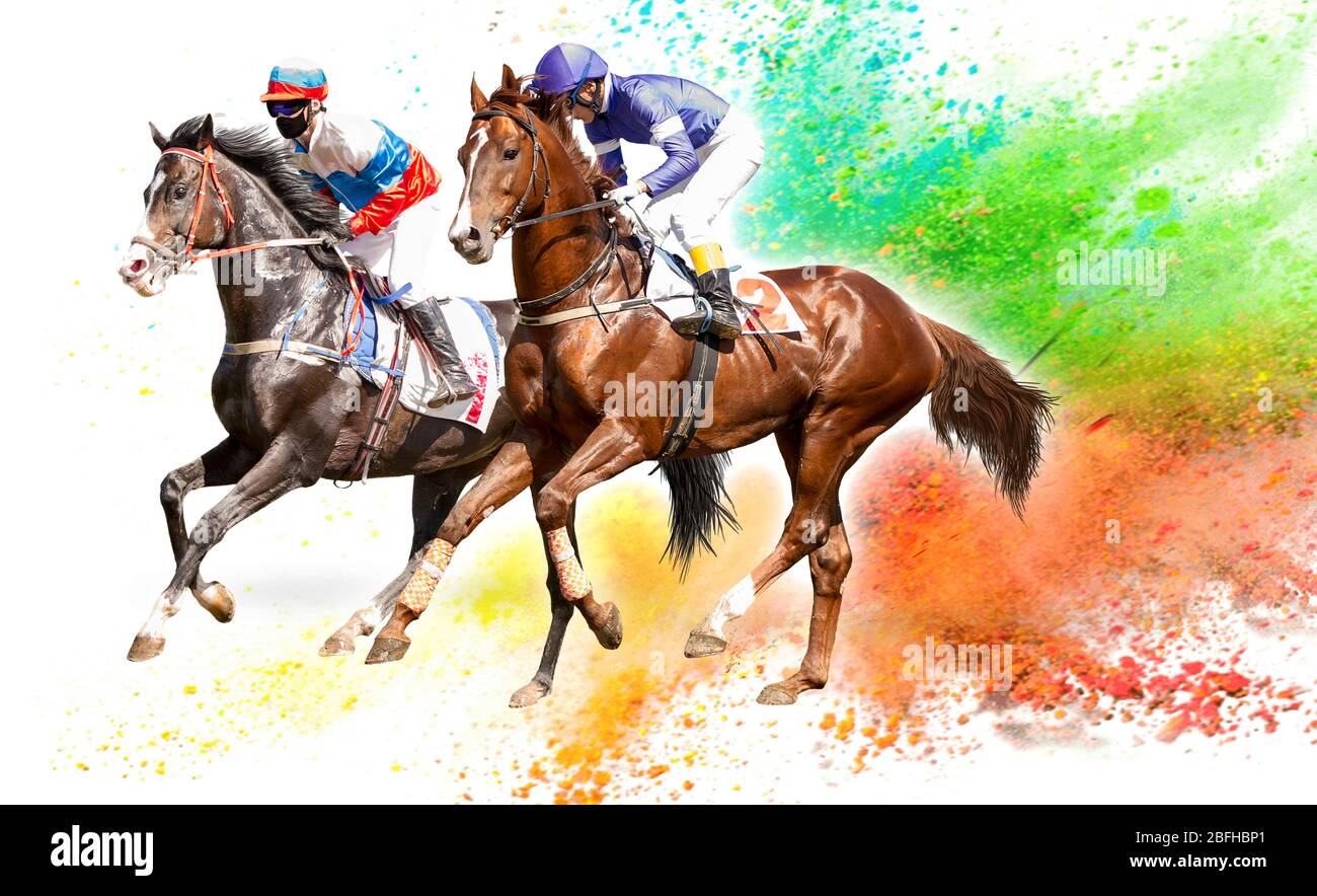 Quatre chevaux de course de cou cou dans une concurrence acharnée pour la ligne d'arrivée. Collage numérique Banque D'Images