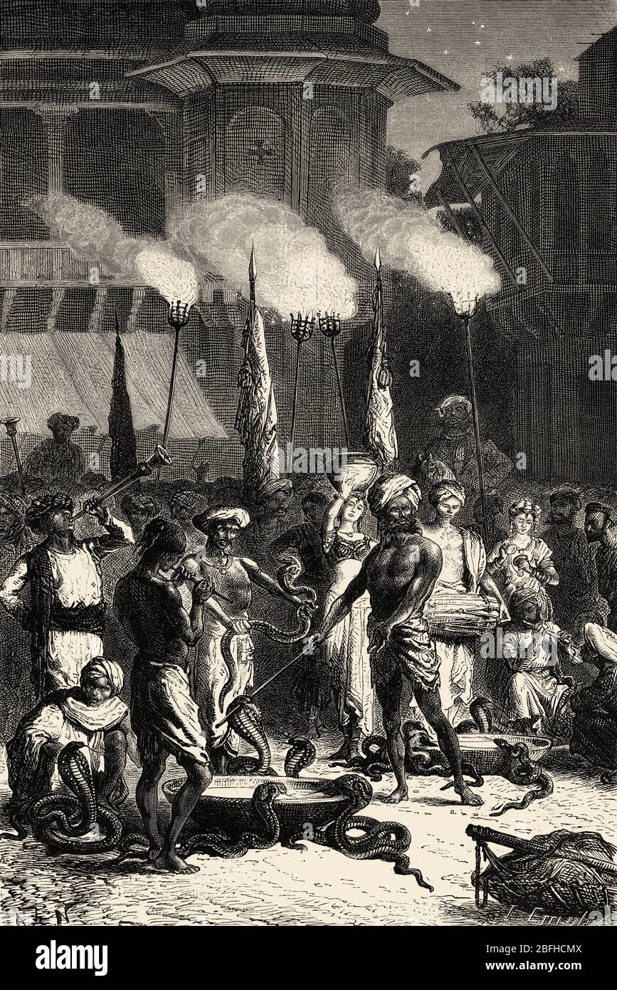 Le festival Hindu Nag Pancari, le culte de Cobras. Mumbai, Maharashtra, Inde. Ancienne illustration de gravure d'El Mundo en la Mano 1878 Banque D'Images