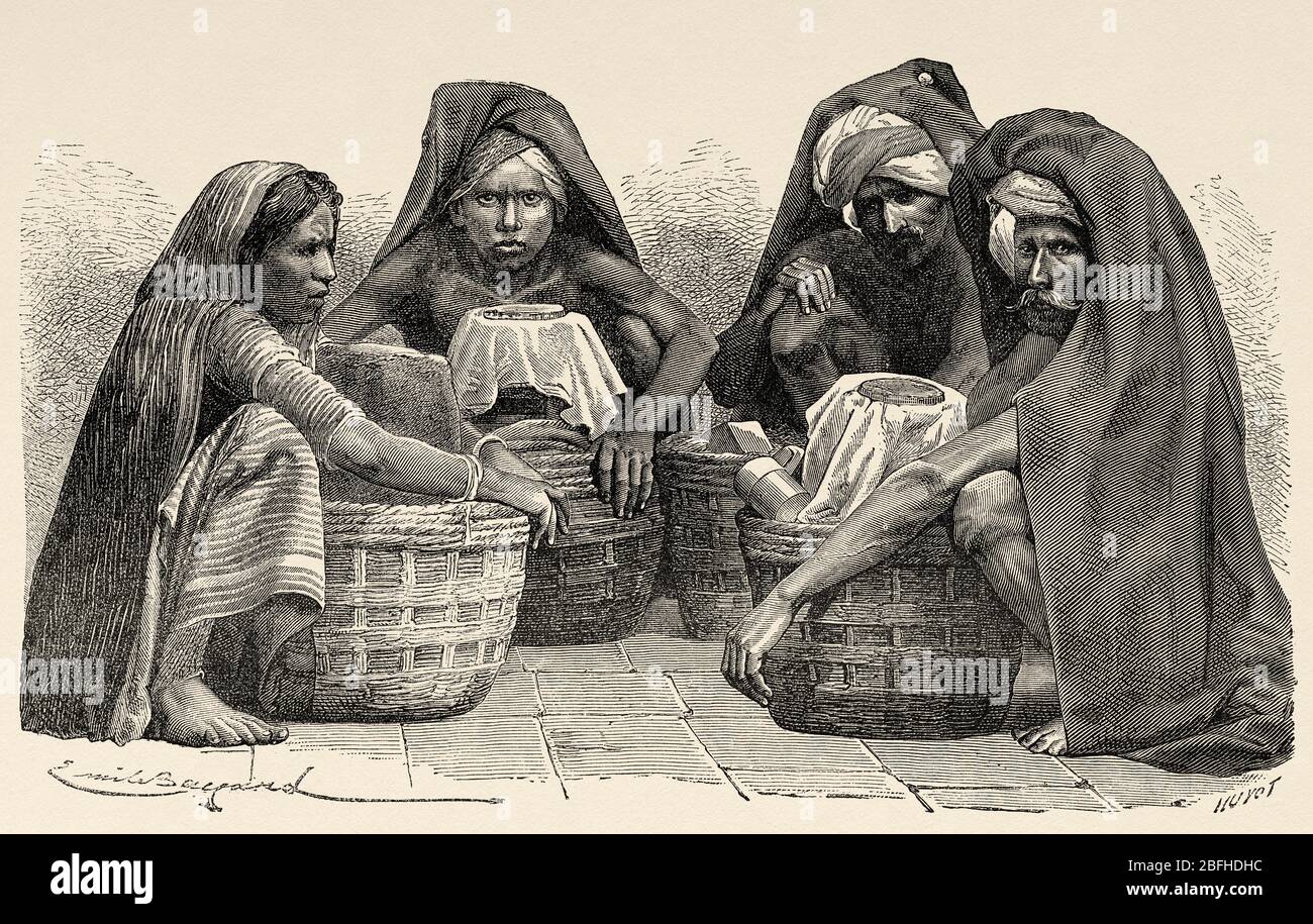 Portrait des vendeurs de lait à Madras, Inde. Ancienne illustration de gravure d'El Mundo en la Mano 1878 Banque D'Images