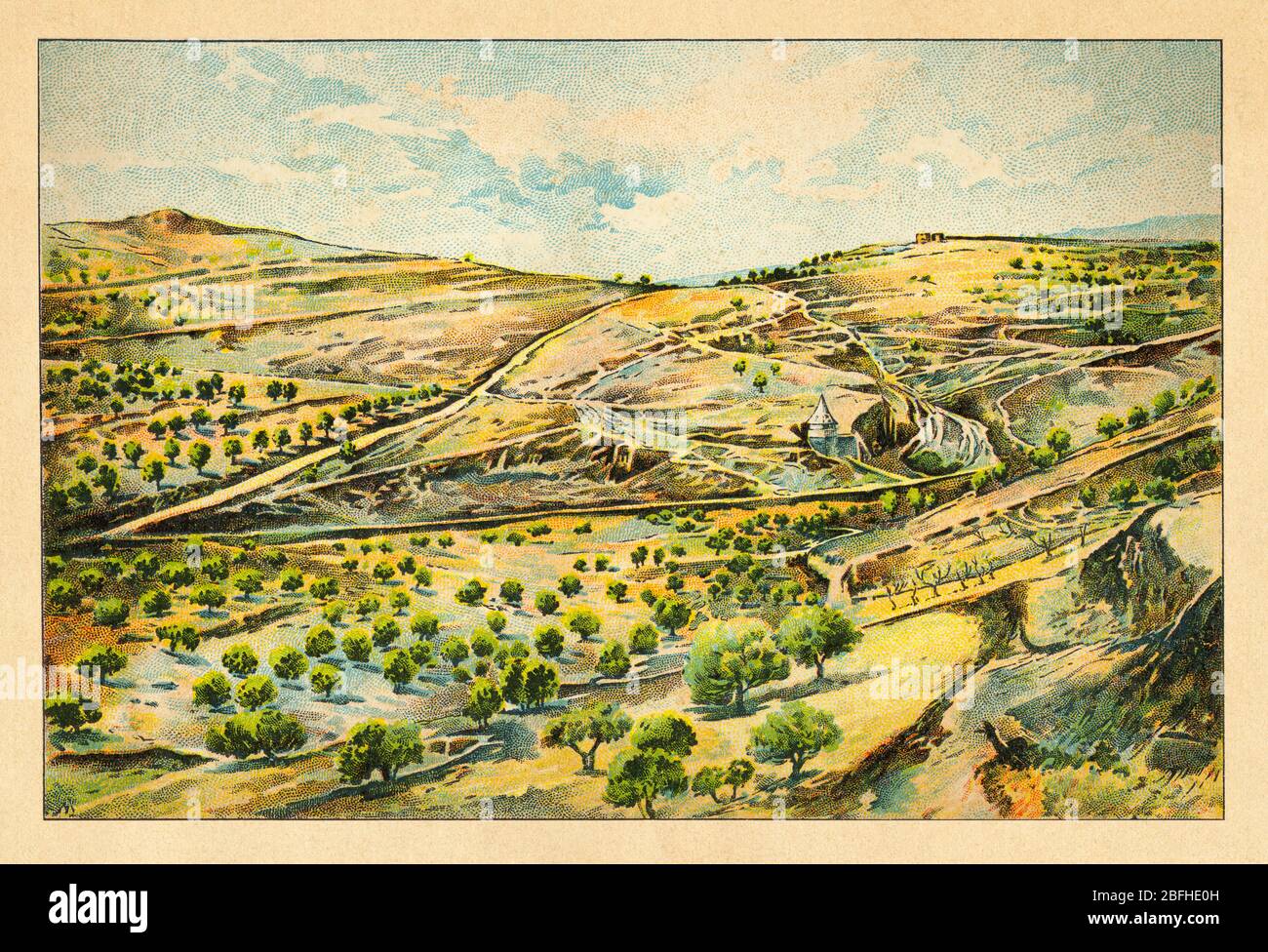 Vue sur le paysage vallée de Josaphat ou vallée de Josaphat. Israël, ancienne chromolithographie de couleur la Terre Sainte 1898 Banque D'Images