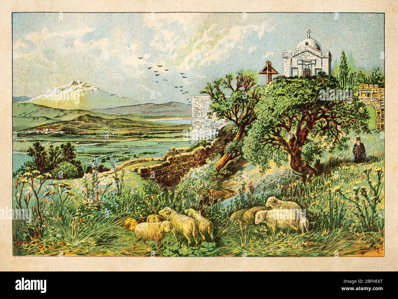 Vue panoramique du Mont Tabar biblique et d'un village arabe quartier Nazareth, Israël, chromolithographie de couleur ancienne Terre Sainte 1898 Banque D'Images