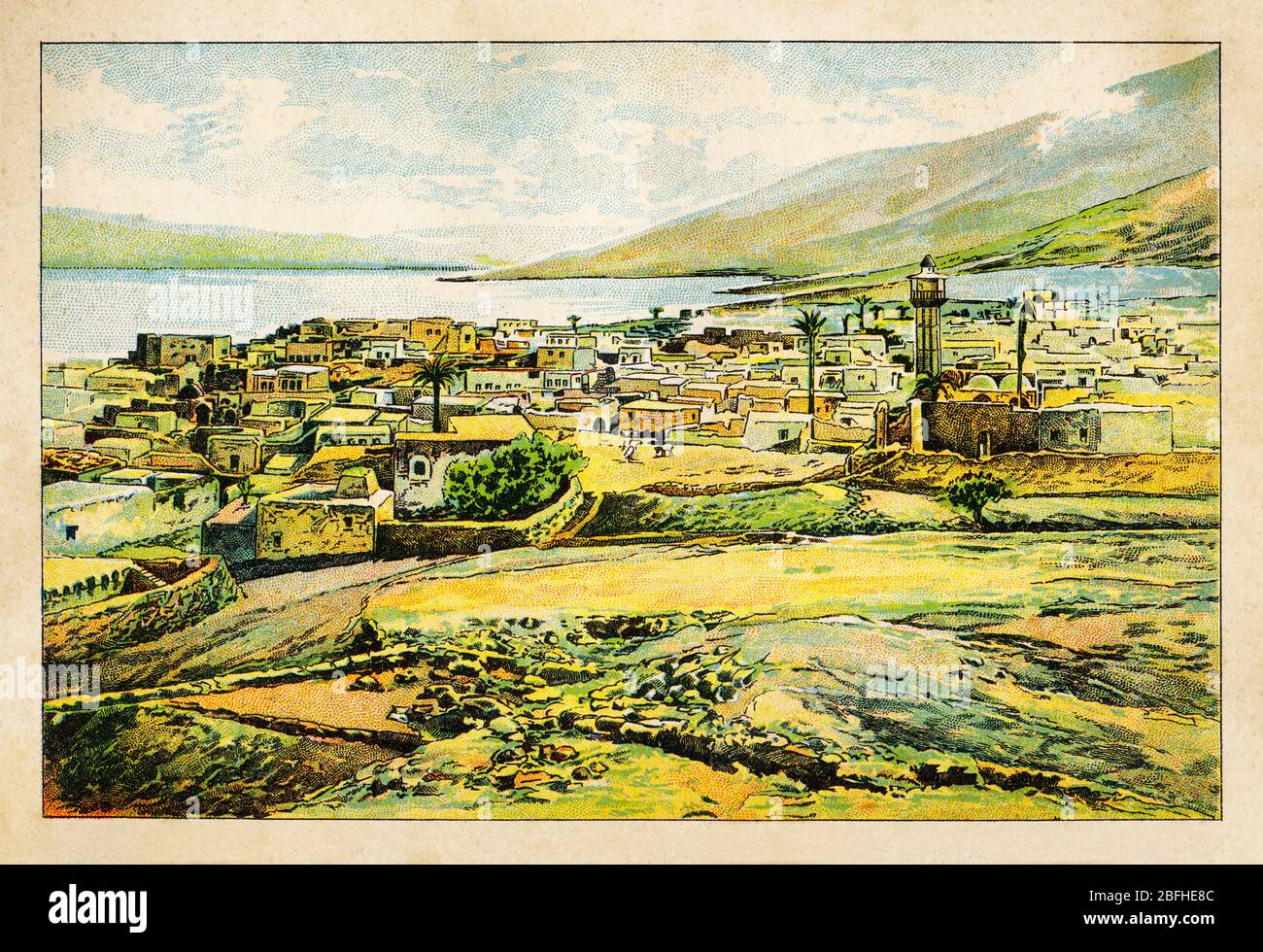 Paysage vue panoramique village de Tiberais, Lac de Tiberias, Mer de Galilée. Israël, ancienne chromolithographie de couleur la Terre Sainte 1898 Banque D'Images