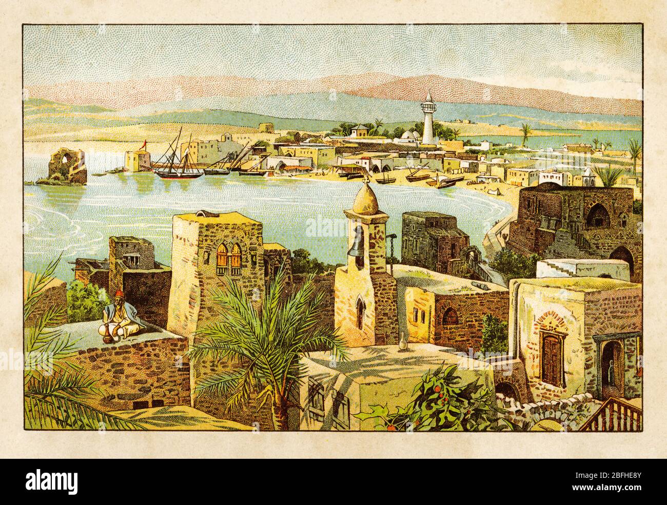 Vue panoramique paysage ancienne ville de Tyr, le port et le vieux phare, Liban. Mer Méditerranée, ancienne chromolitographie de couleur de la Terre Sainte Banque D'Images