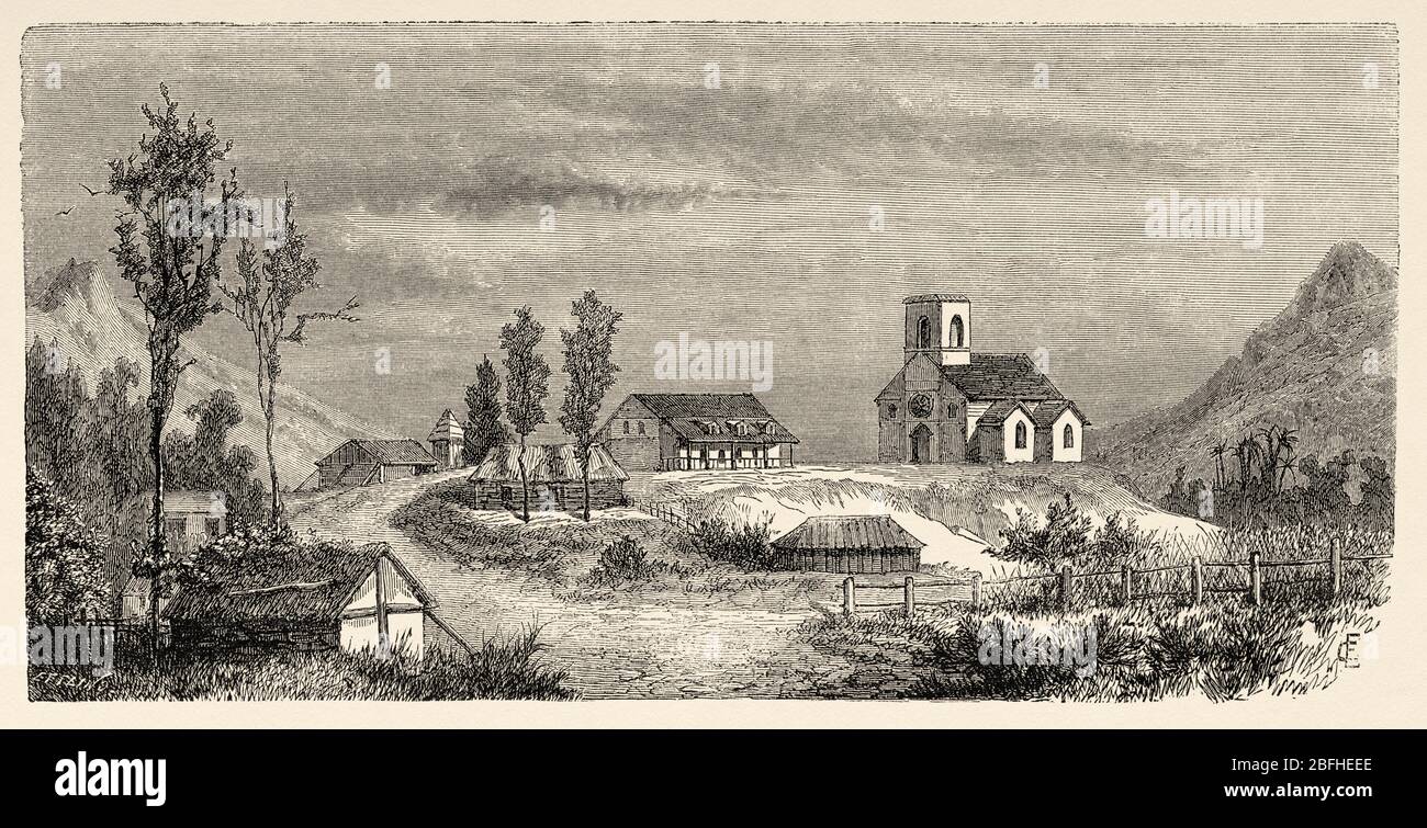 Mission chrétienne française de Saint Louis, Nouvelle-Calédonie. Ancienne illustration de gravure, Voyage en Nouvelle-Calédonie par Jules Garnier Banque D'Images