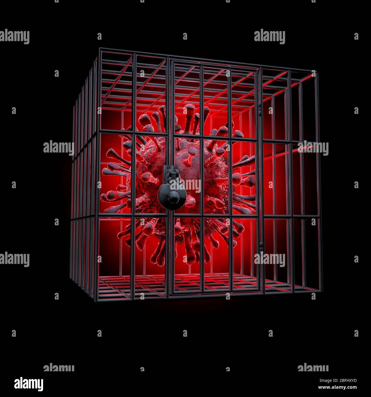 Concept de verrouillage de quarantaine Covid-19 / illustration tridimensionnelle de la cellule rouge de coronavirus verrouillée dans une cage métallique isolée sur fond noir Banque D'Images