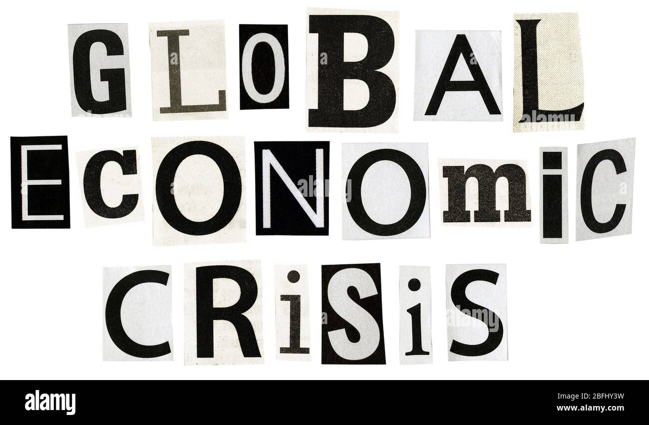 Texte de crise économique mondiale, composé de coupures de presse isolées sur fond blanc. Banque D'Images
