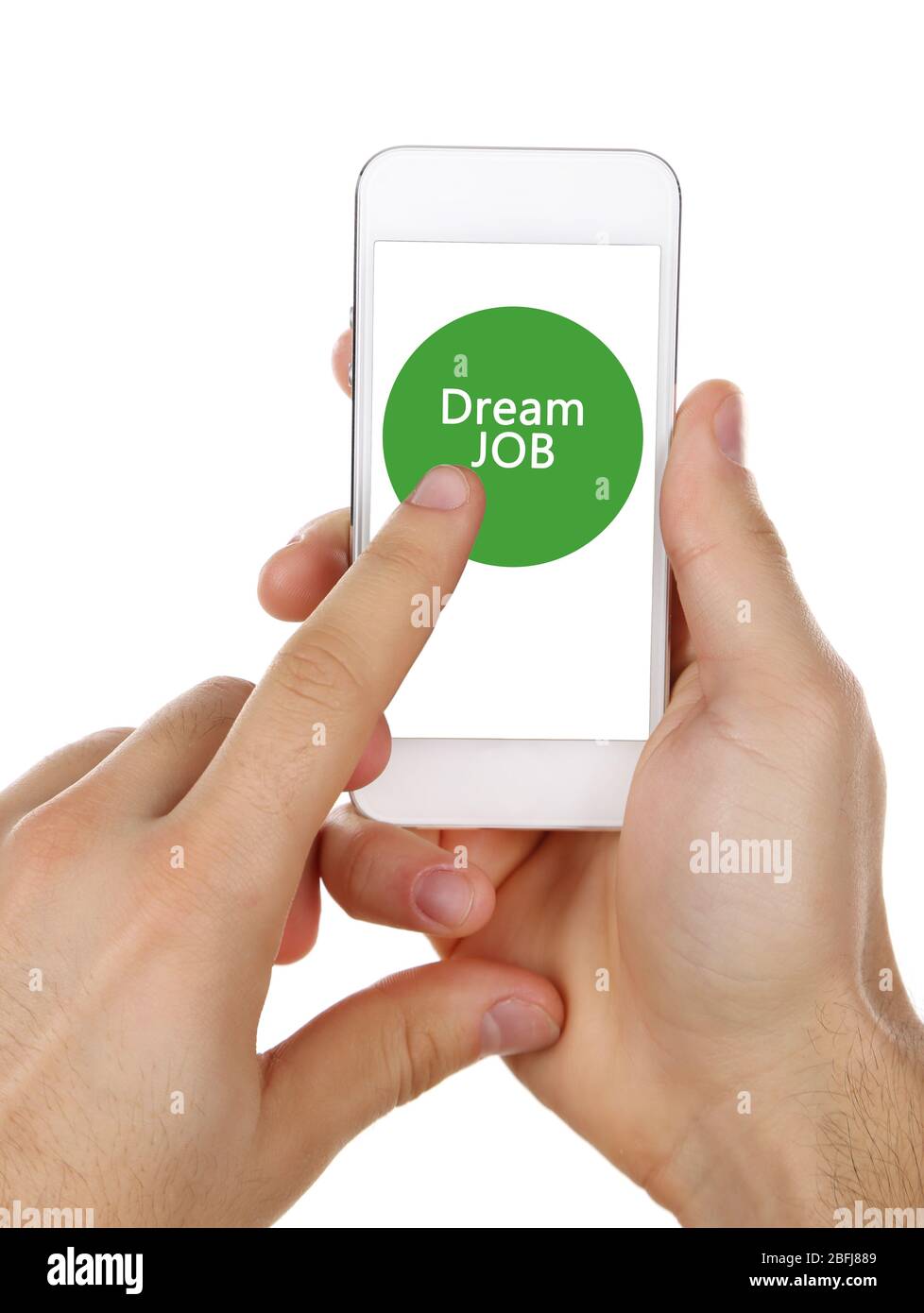 Smartphone en mains et texte Dream Job à l'écran, concept de recherche de travaux Banque D'Images