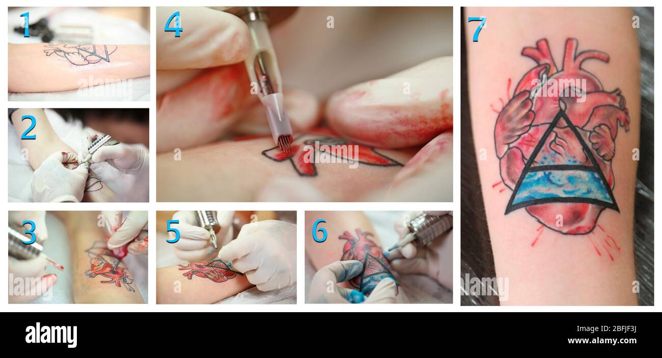 Collage d'artiste de tatouage au travail Banque D'Images