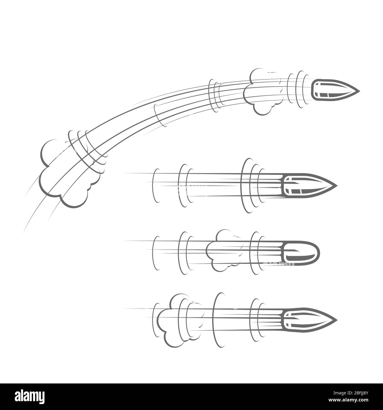 Balles de style comique en vol, tir de dessin animé de cartouche, volley de canon de projectiles Illustration de Vecteur