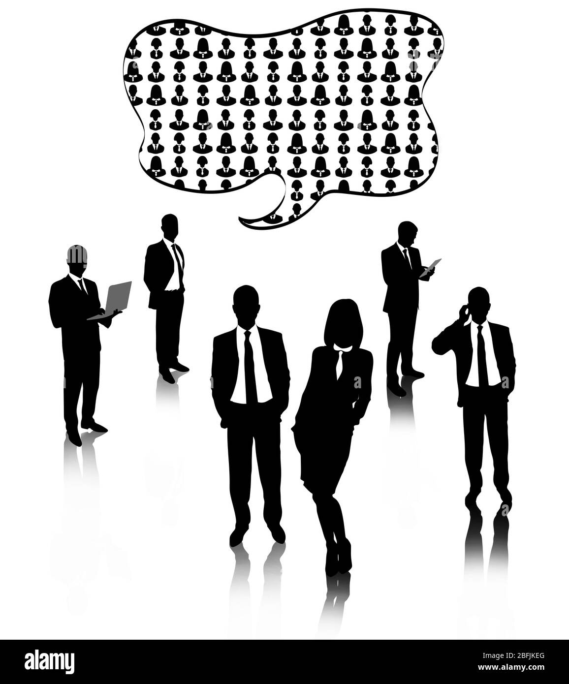 Silhouettes de gens d'affaires avec bulle de parole isolée sur blanc Banque D'Images