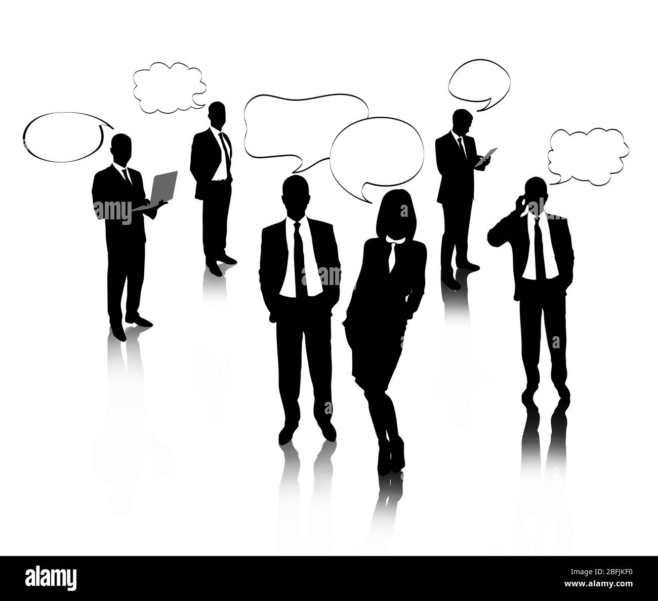Silhouettes de gens d'affaires avec bulle de parole isolée sur blanc Banque D'Images