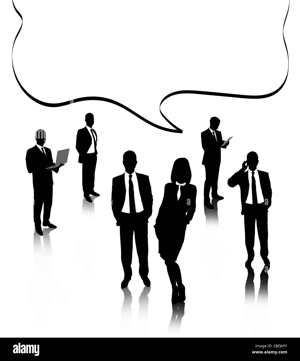 Silhouettes de gens d'affaires avec bulle de parole isolée sur blanc Banque D'Images