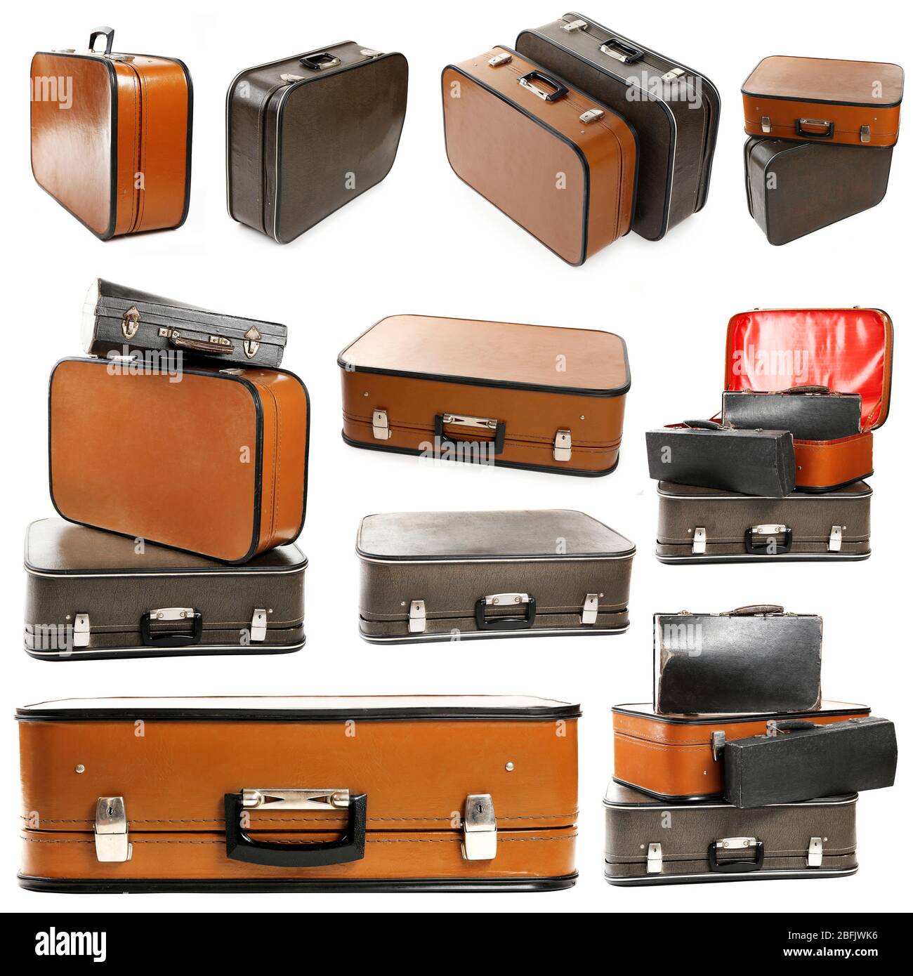 Collage de valises de voyage rétro isolées sur blanc Banque D'Images