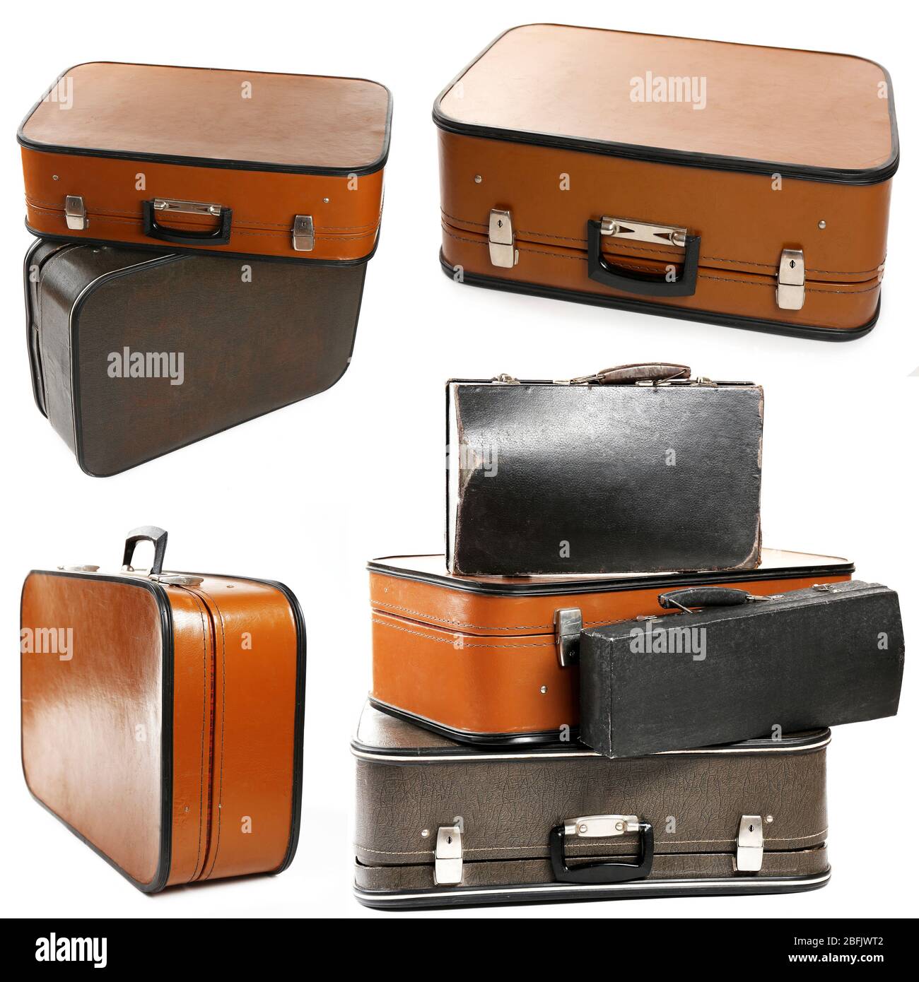 Collage de valises de voyage rétro isolées sur blanc Banque D'Images