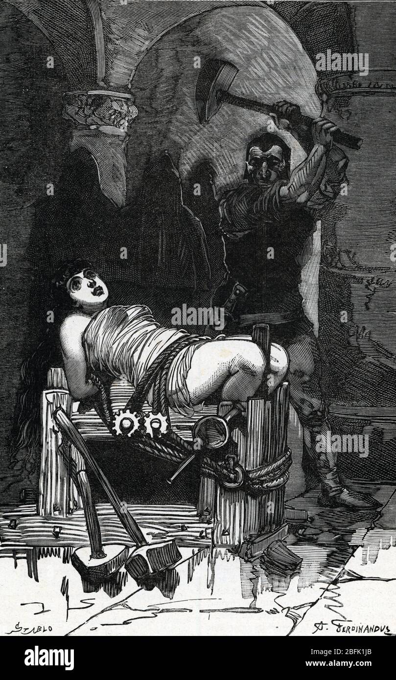 Représentation d'une femme accusée de sorcellerie au Moyen âge soutien la torture sans donner de signes de sensibilité - supplice d'une sorcière (a W Banque D'Images