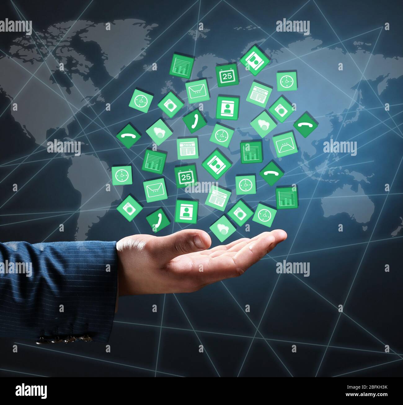 Main d'homme d'affaires et icônes vectorielles Banque D'Images