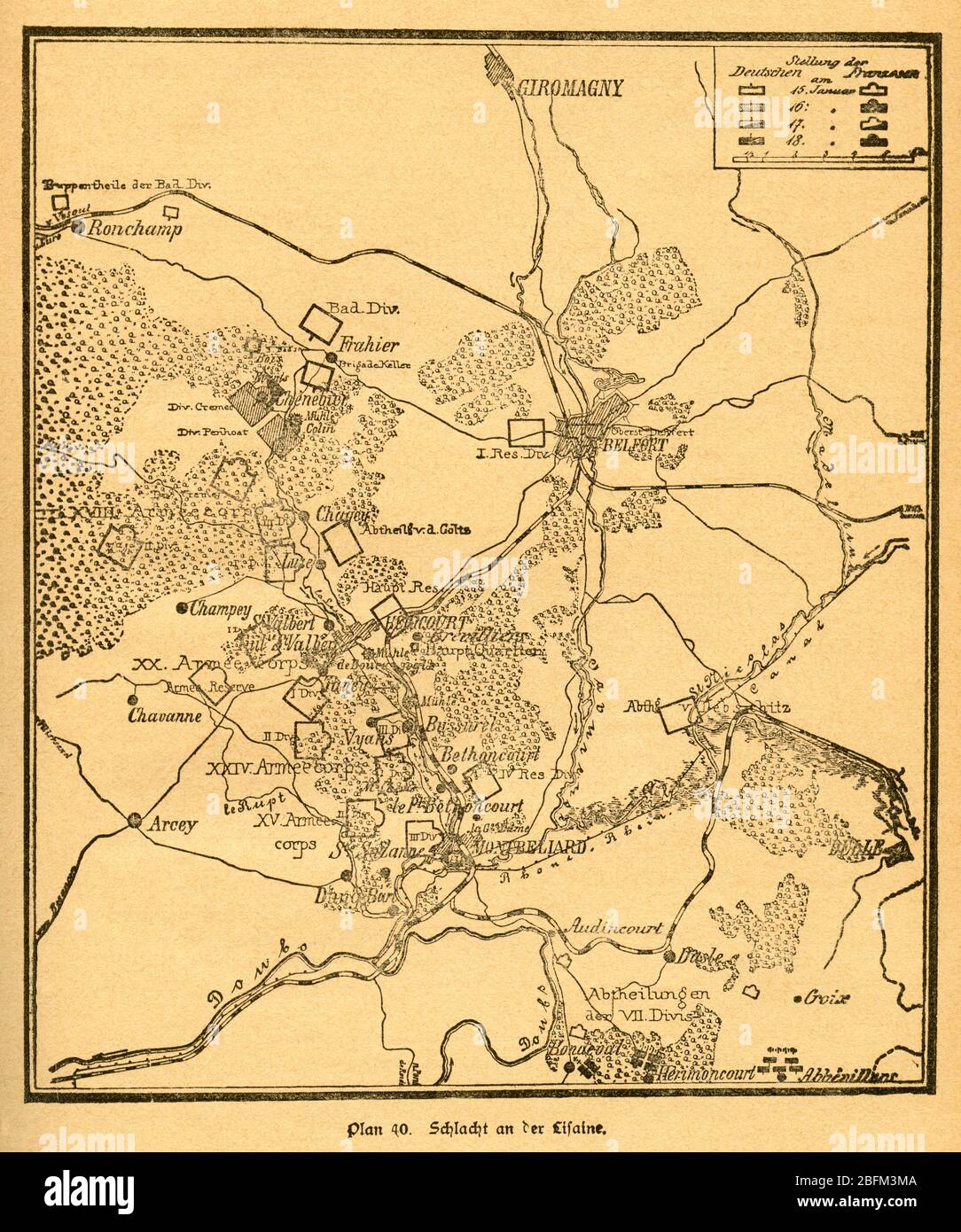Europa, Deutschland, Frankreich, Deutsch-Französischer Krieg, Plan der Schlacht an der Lisaine , Motiv aus : ' Der Krieg zwischen Frankreich und Deutschland in den Jahren 1870-1871 ' , von J. Scheibert, Verlag von W. Pauli's Nachfolger ( H. Jerosch ) , Berlin, 1895 . / Europe, Allemagne, France, guerre franco-prussienne, plan de la bataille près de la Lisaine , image de : ' Der Krieg zwischen Frankreich und Deutschland in den Jahren 1870-1871 ' ( la guerre entre la France et l'Allemagne 1870-1871 ) , par J. Scheibert , maison d'édition W. Pauli successeurs ( H. Jerosch ) , Berlin, 1895 . Banque D'Images