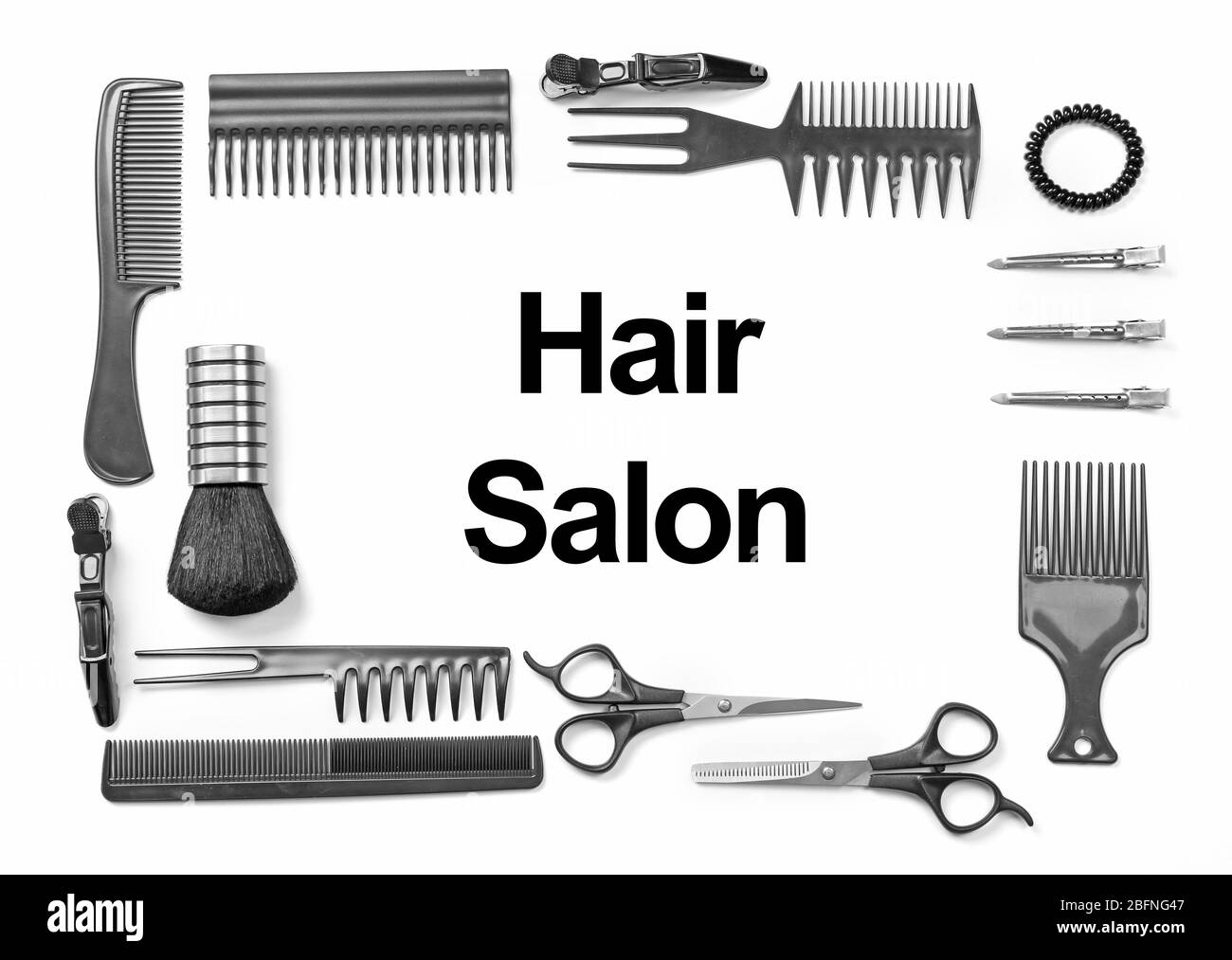 Salon de coiffure et équipement de coiffure sur fond blanc Banque D'Images