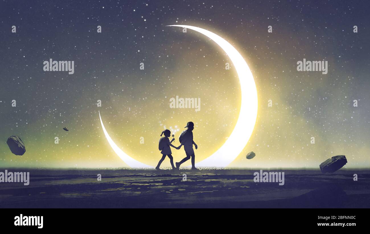 paysage nocturne montrant un frère et une sœur tenant les mains marchant au-dessus du ciel avec le croissant dans la nuit de la faim, style d'art numérique, illustration Banque D'Images