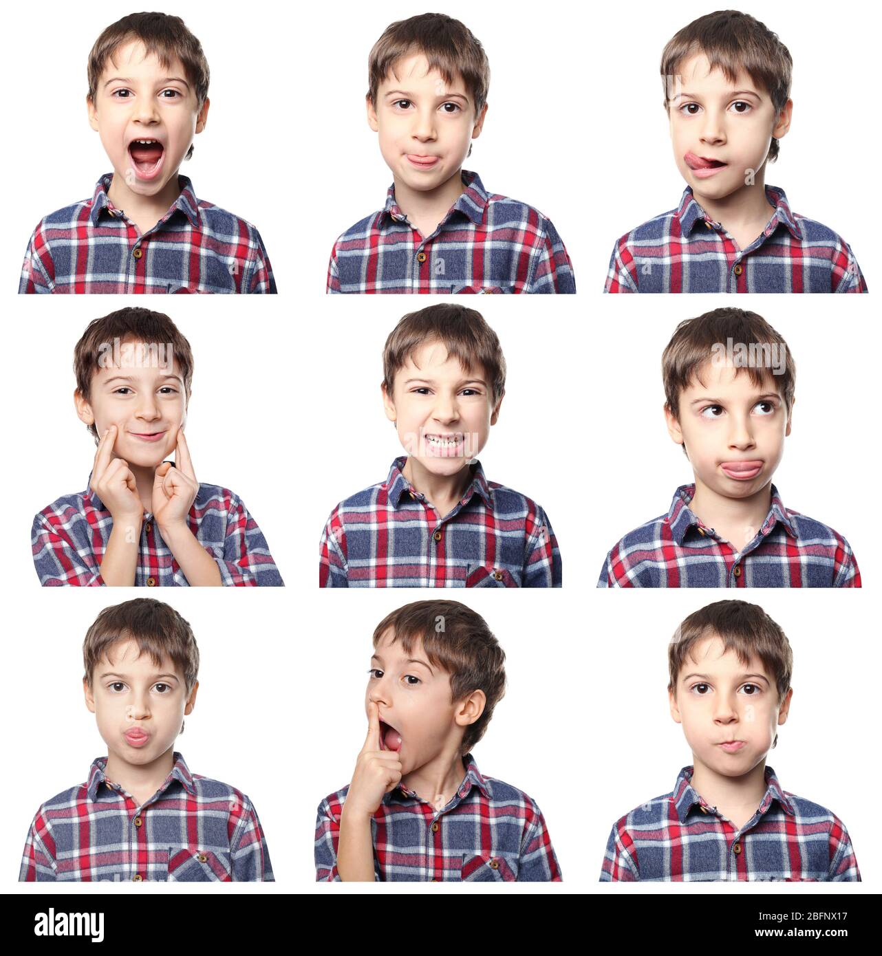 Concept de traitement de la parole. Petit garçon faisant des exercices pour la prononciation correcte sur fond blanc Banque D'Images