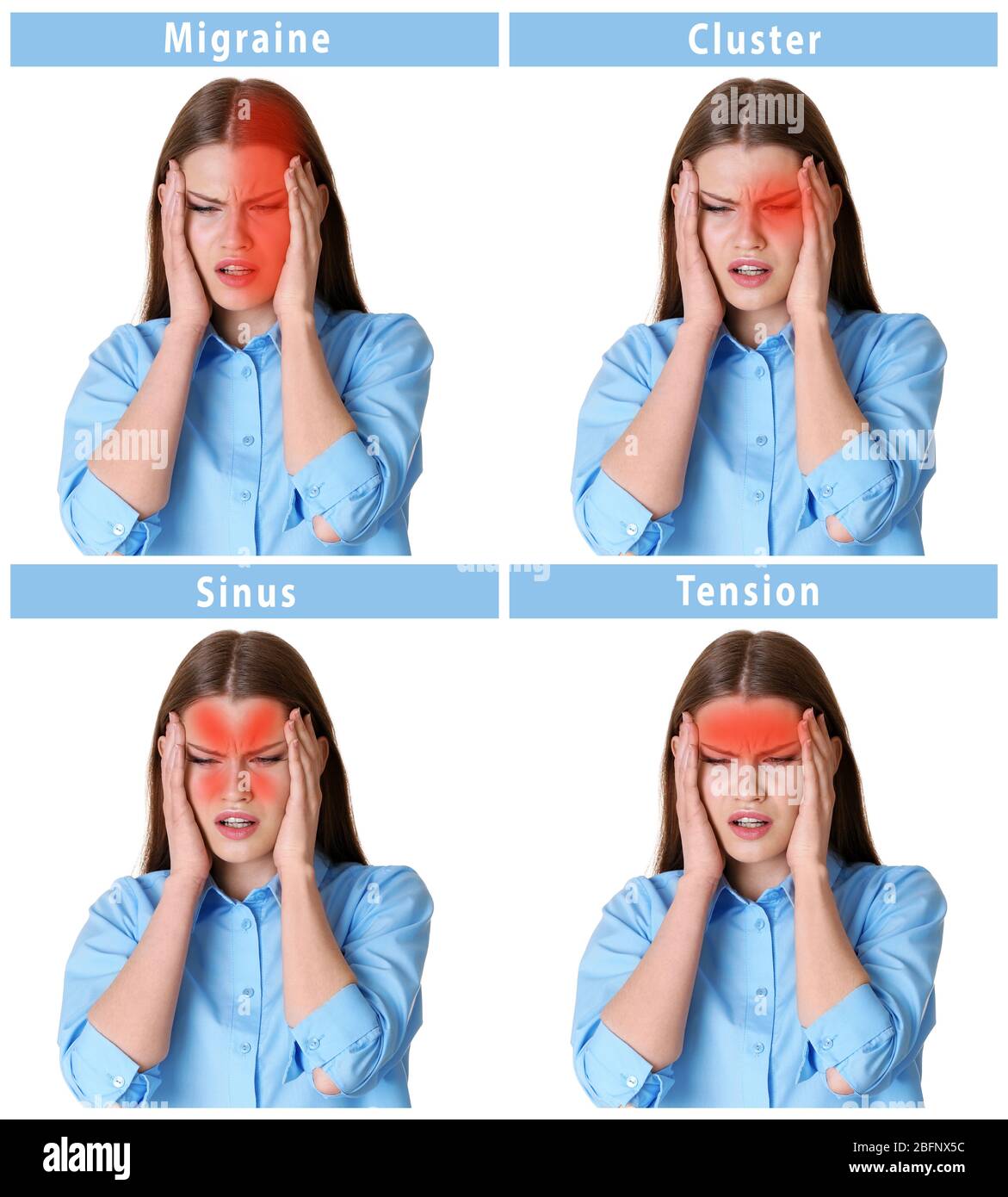 Jeune femme avec différents types de maux de tête sur fond blanc Banque D'Images