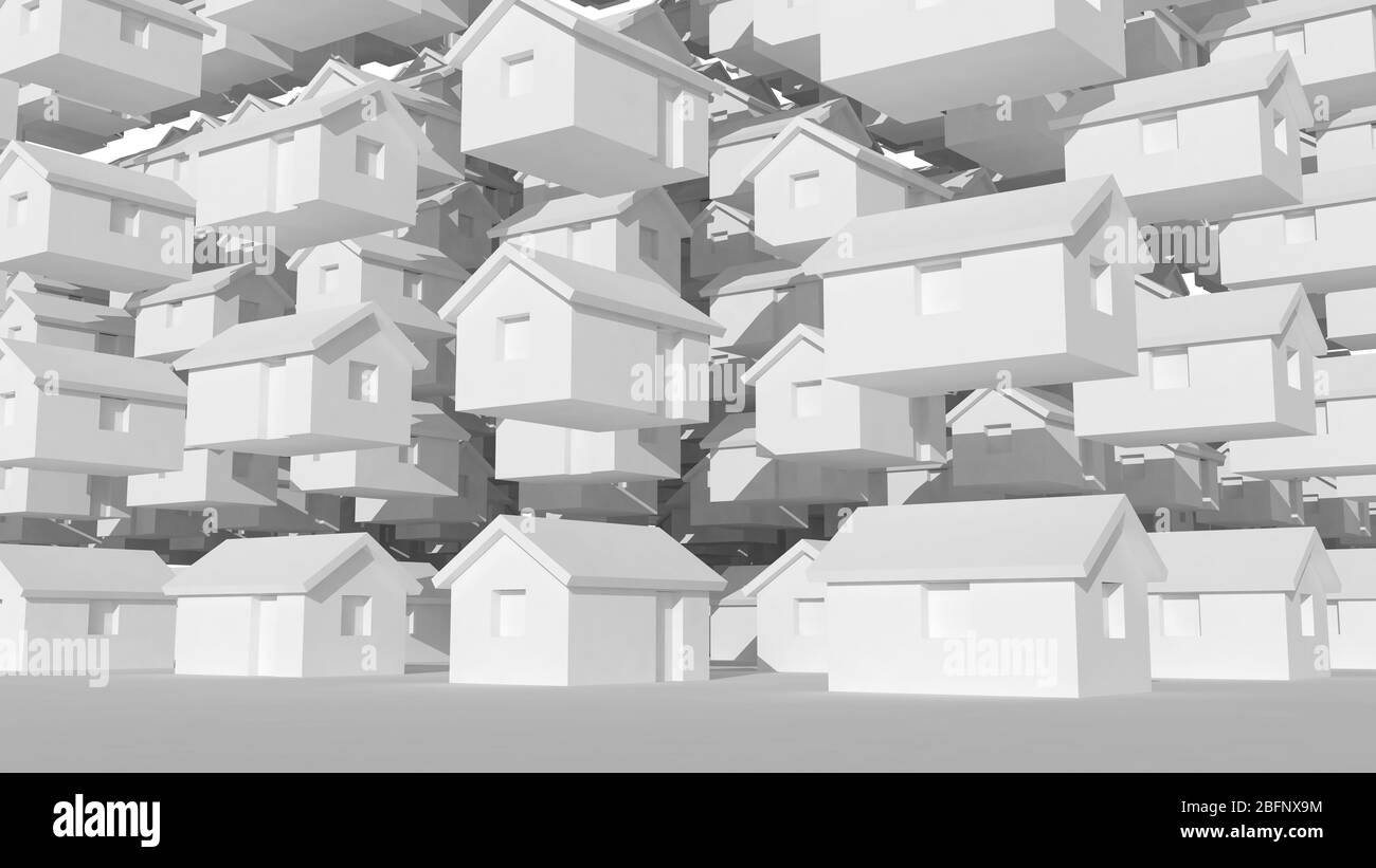 un ensemble de petites maisons blanches, une représentation cgi abstraite futuriste en bloc urbain, une illustration de rendu tridimensionnelle Banque D'Images