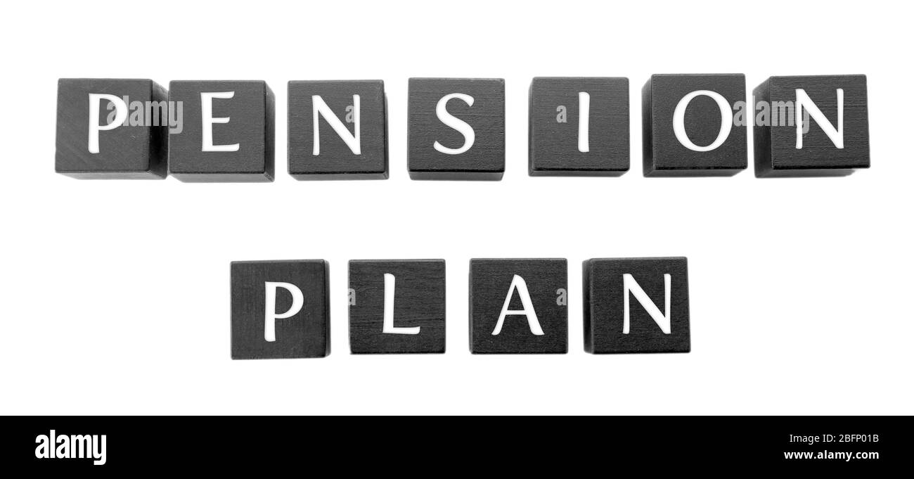 Cubes noirs avec plan de RETRAITE texte sur fond blanc Banque D'Images