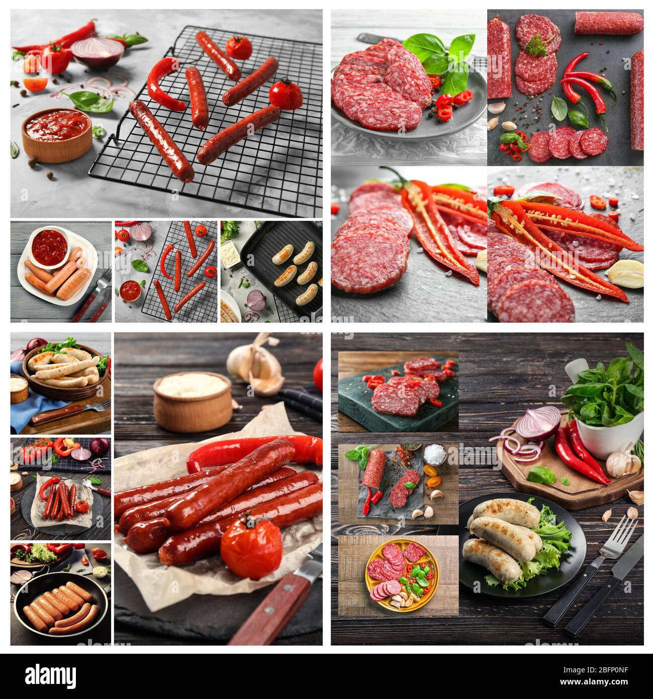 Ensemble avec différents types de saucisses savoureuses Banque D'Images