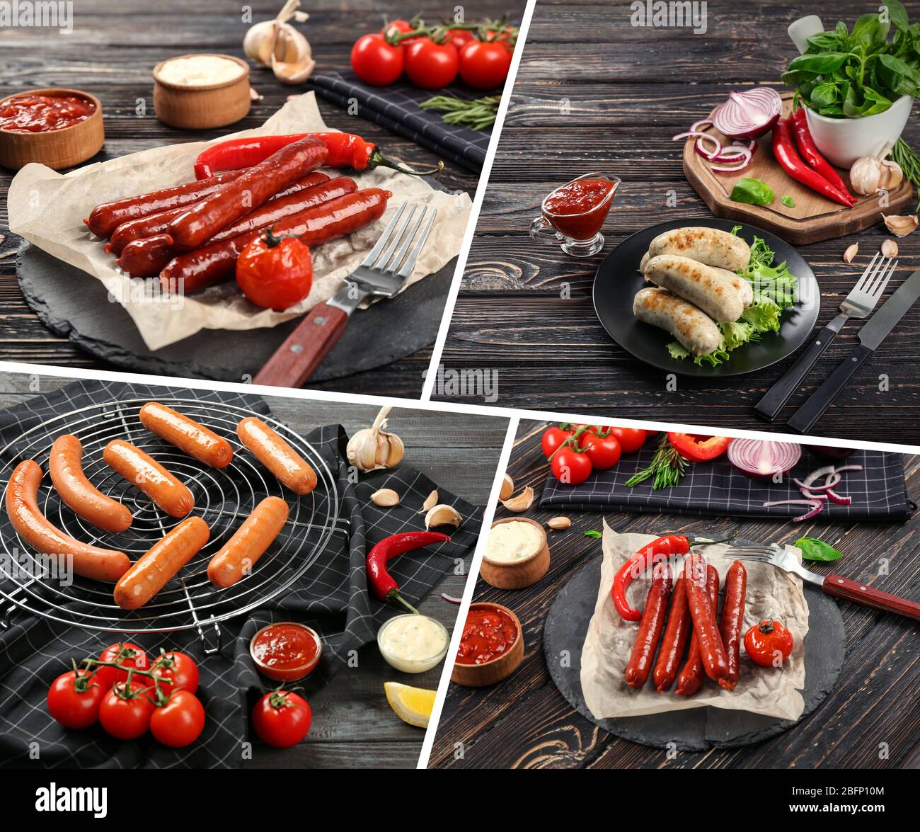 Ensemble avec différents types de saucisses savoureuses Banque D'Images