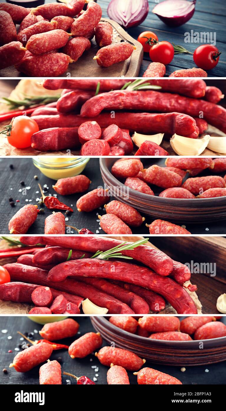 Ensemble avec différents types de saucisses savoureuses Banque D'Images