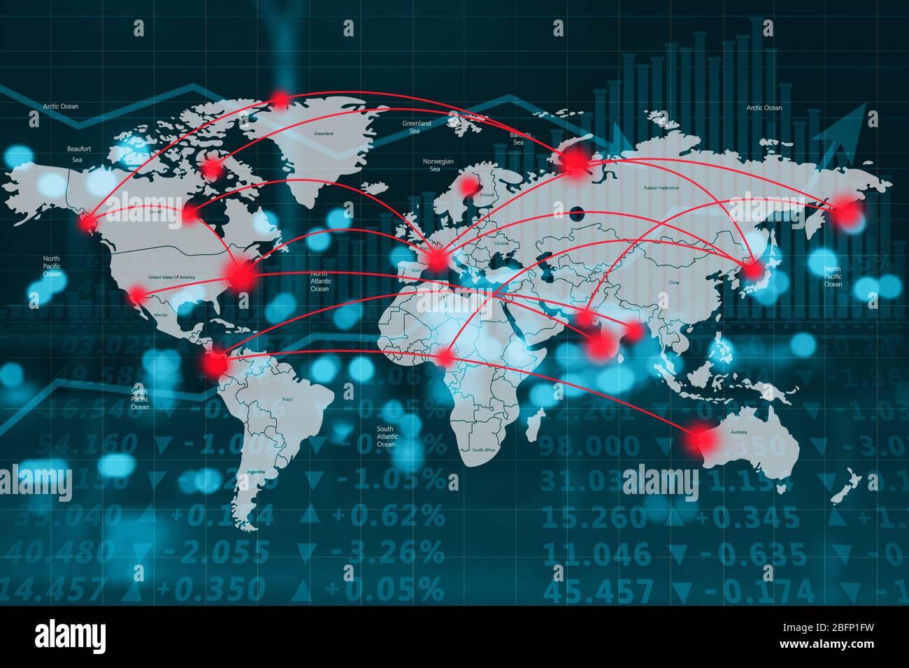 Carte du monde avec graphiques et taux sur fond flou. Concept de négociation financière Banque D'Images