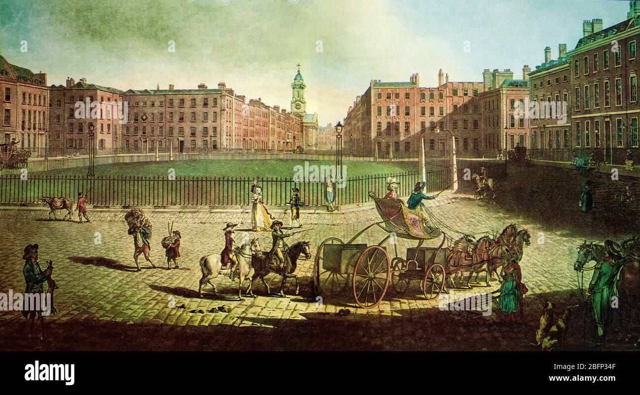 Vue sur la place de Hanovre à Londres, en Angleterre, peinte vers 1787 par Robert Dodd (1748–1815), peintre marin britannique et graveur d'aquitt. Il est connu pour ses travaux sur les guerres révolutionnaires françaises. Banque D'Images