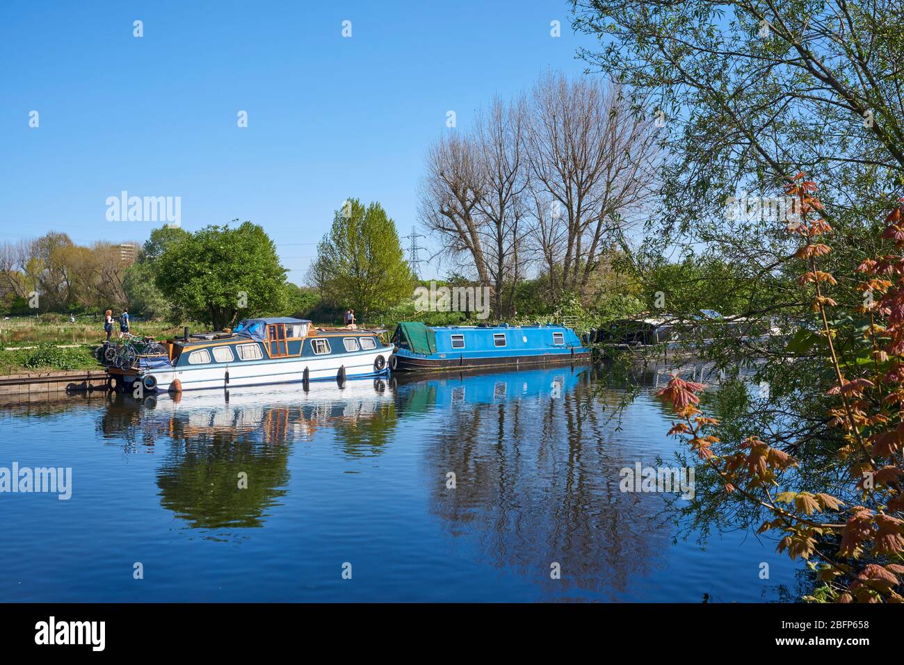 La navigation sur la rivière Lea au printemps, sur Walthamstow Marshes, East London UK Banque D'Images