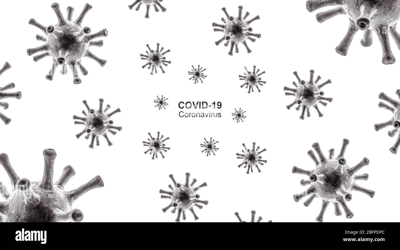 Bannière COVID-19 coronavirus, illustration tridimensionnelle, modèle avec coronavirus et inscription COVID19 isolée sur fond blanc. Affiche avec SRAS-Cov-2 co Banque D'Images