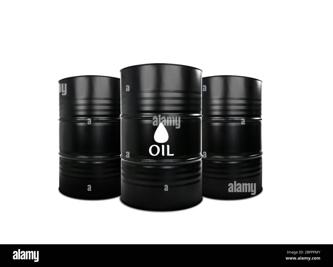 Concept de prix du pétrole. Barils d'or noir sur fond blanc Banque D'Images