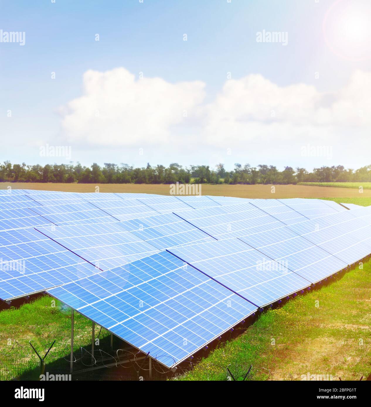 Panneaux solaires sur le terrain. Concept de ressources en énergie renouvelable Banque D'Images