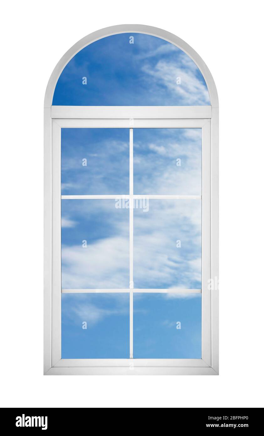 Vue du ciel bleu à travers la fenêtre sur fond blanc Banque D'Images