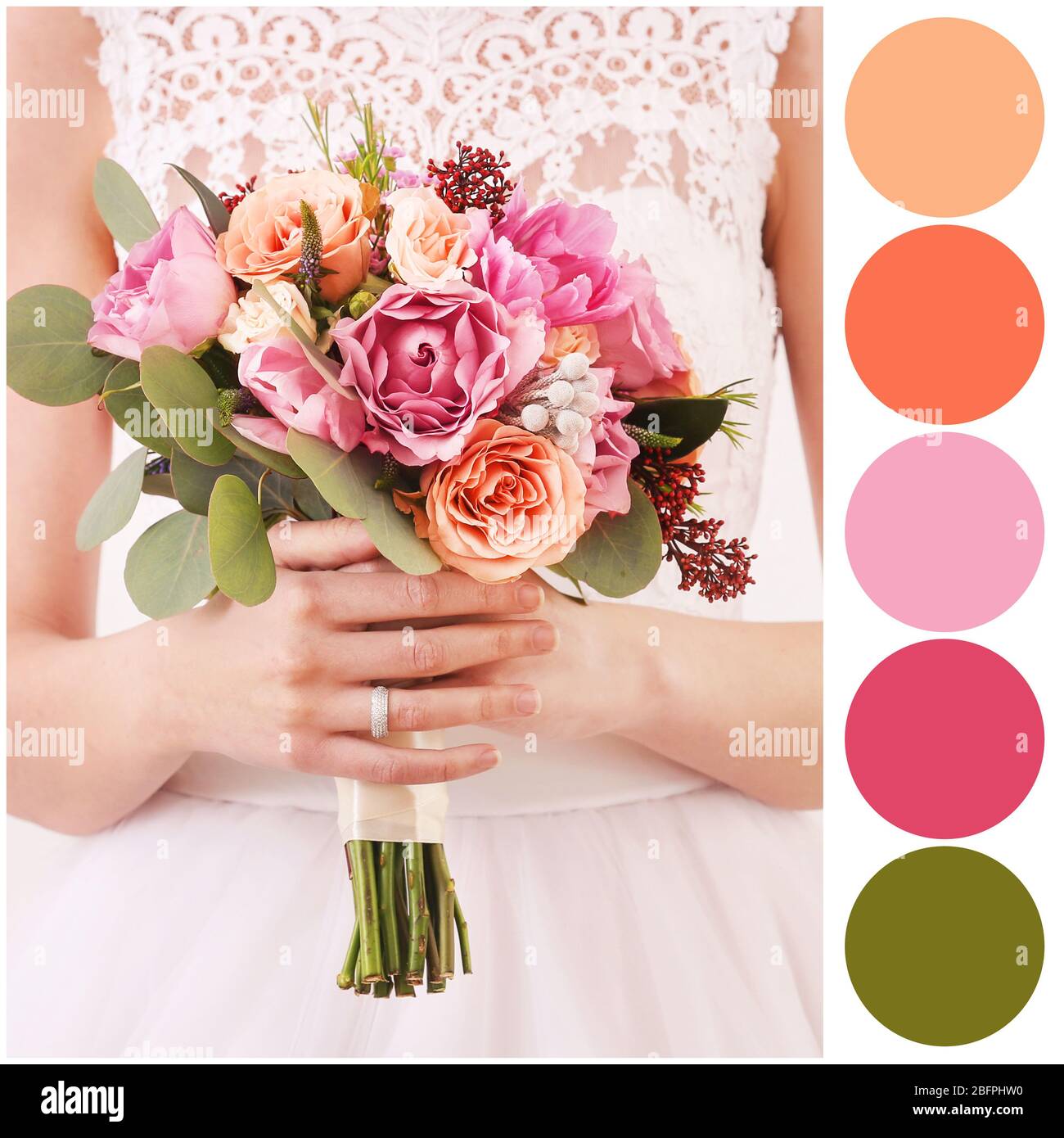 Palette de couleurs abricot. Mariée tenant beau bouquet, près Banque D'Images