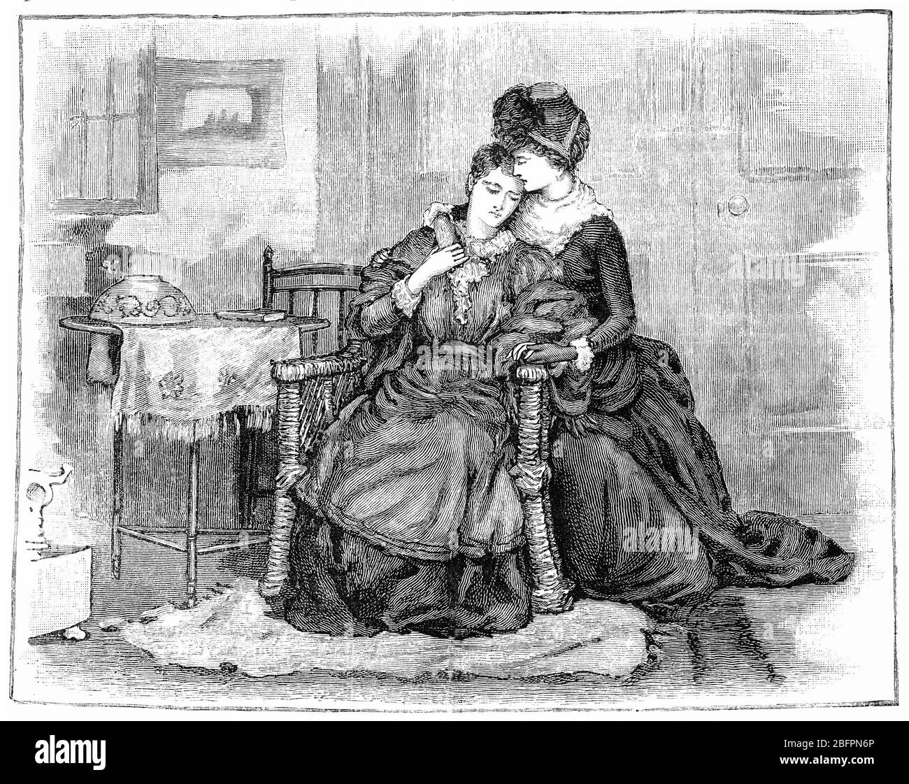 Gravure d'une jeune femme consolant son compagnon affligeant Banque D'Images