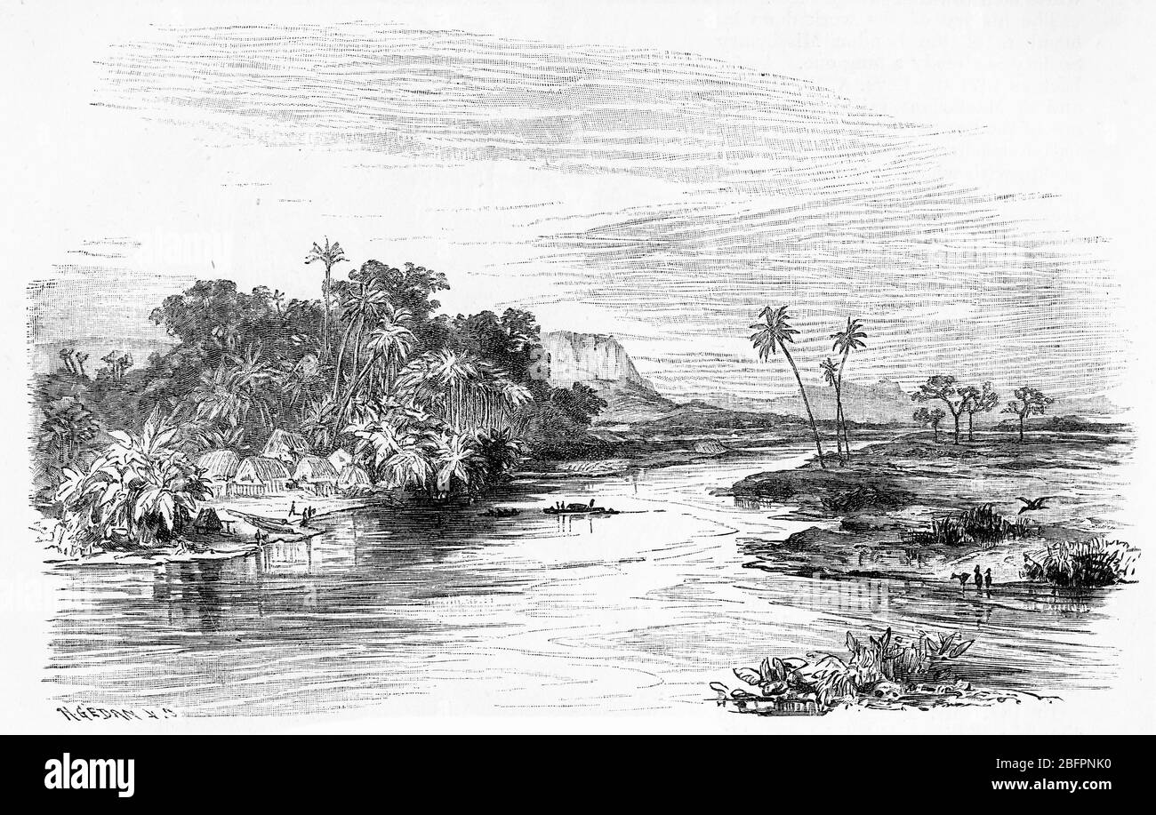 Gravure d'un village à Yos Sudarso Bay vers 1870 (indonésien: Teluk Yos Sudarso), jusqu'en 1968 connu sous le nom de baie Humboldt, une petite baie sur la côte nord de la Nouvelle-Guinée, à environ 50 km à l'ouest de la frontière entre la province indonésienne de Papouasie et le pays de Papouasie-Nouvelle-Guinée. La capitale provinciale indonésienne Jayapura est située sur la baie. Banque D'Images