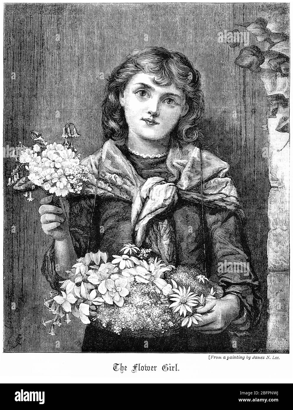 Portrait gravé d'une fille de fleurs de l'Angleterre victorienne Banque D'Images