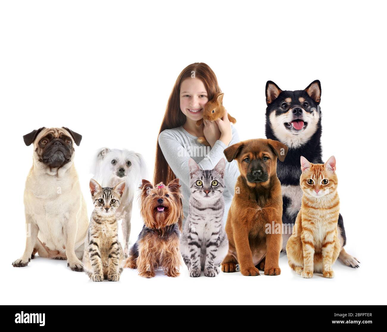 Une fille heureuse avec de jolis animaux sur fond blanc Banque D'Images