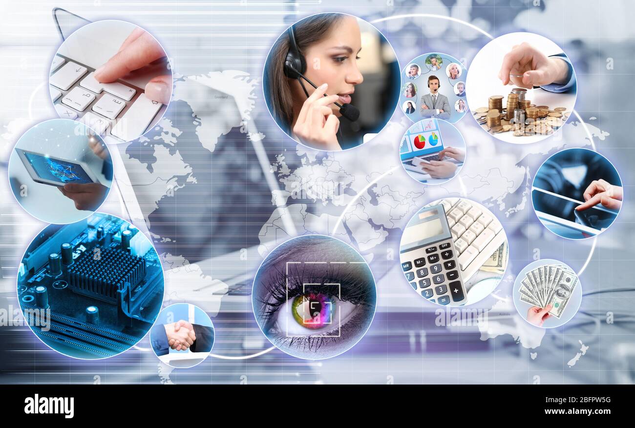 Concept multimédia Internet. Les personnes travaillant avec différents périphériques connectés au réseau mondial sur fond flou Banque D'Images