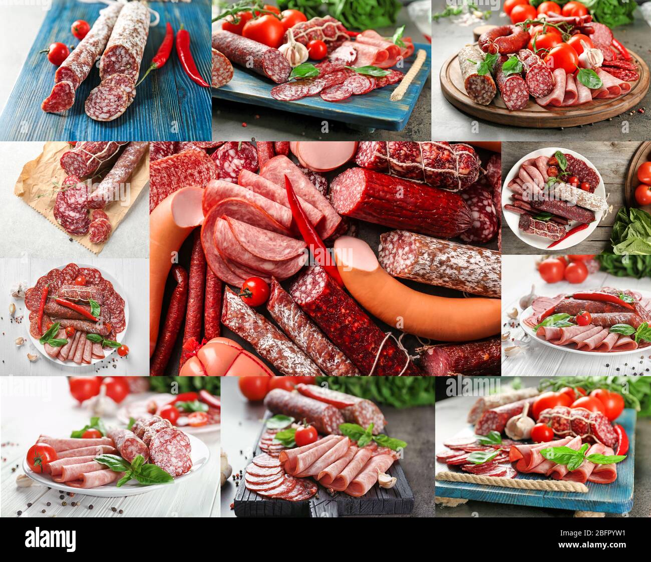 Collage avec différents types de saucisses Banque D'Images